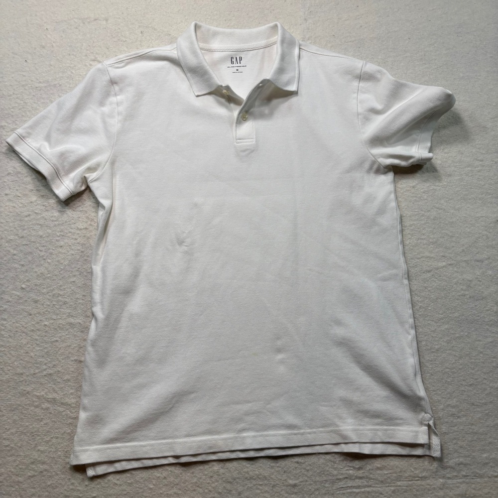 GAP All Day Pique Polo Medium White Short Sleeve Solid Cotton Blend Shirt #K51